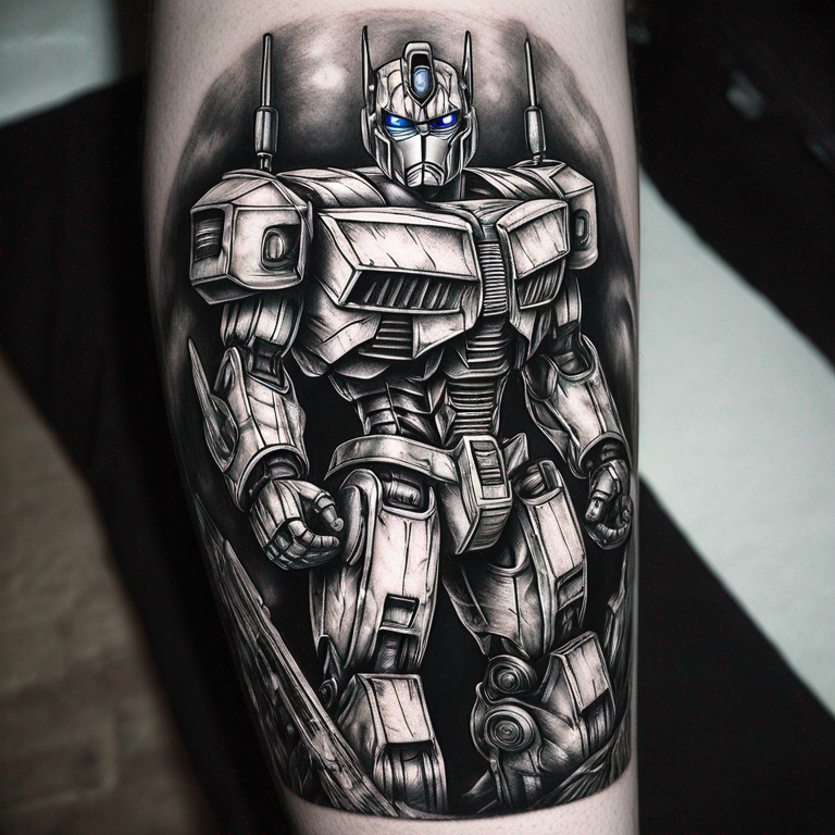 optimus prime des transformers en mode comics en noir et blanc avec en fond une sorte de grosse griffe en fond-tattoo