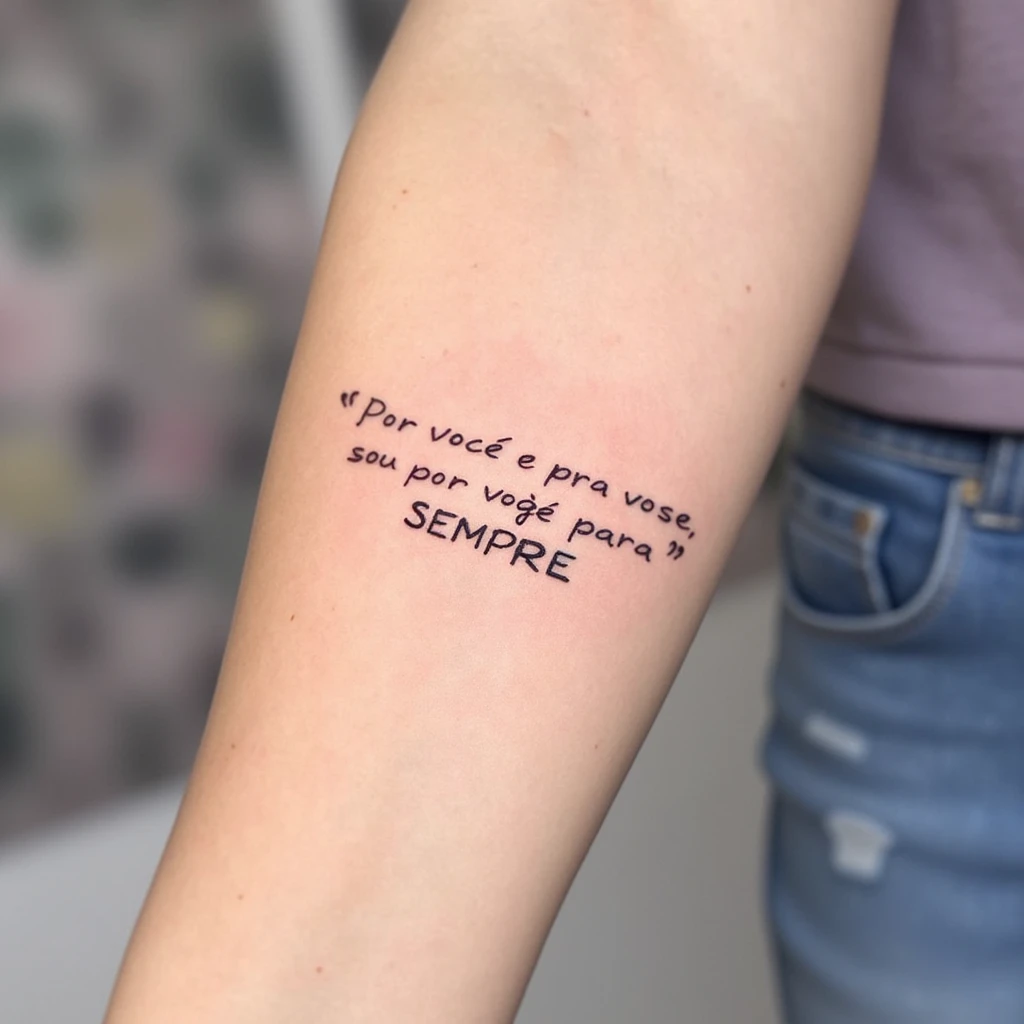 crie uma tatuagem escrita com essa frase ⁠Por você e pra você, sou por você para SEMPRE!-tattoo