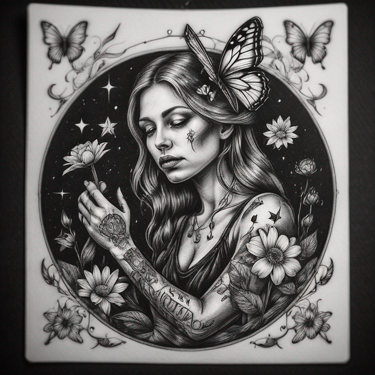 carta de tarot con signo de géminis adentro en el medio y alas de mariposas, también unas pequeñas flores de lirios y estrellas en blanco y negro-tattoo