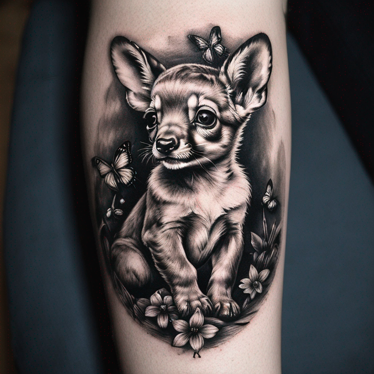 Bambi bébé avec papillon noir et blanc-tattoo