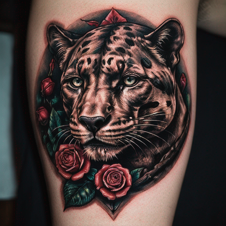 American tradition panther head with roses-tattoo