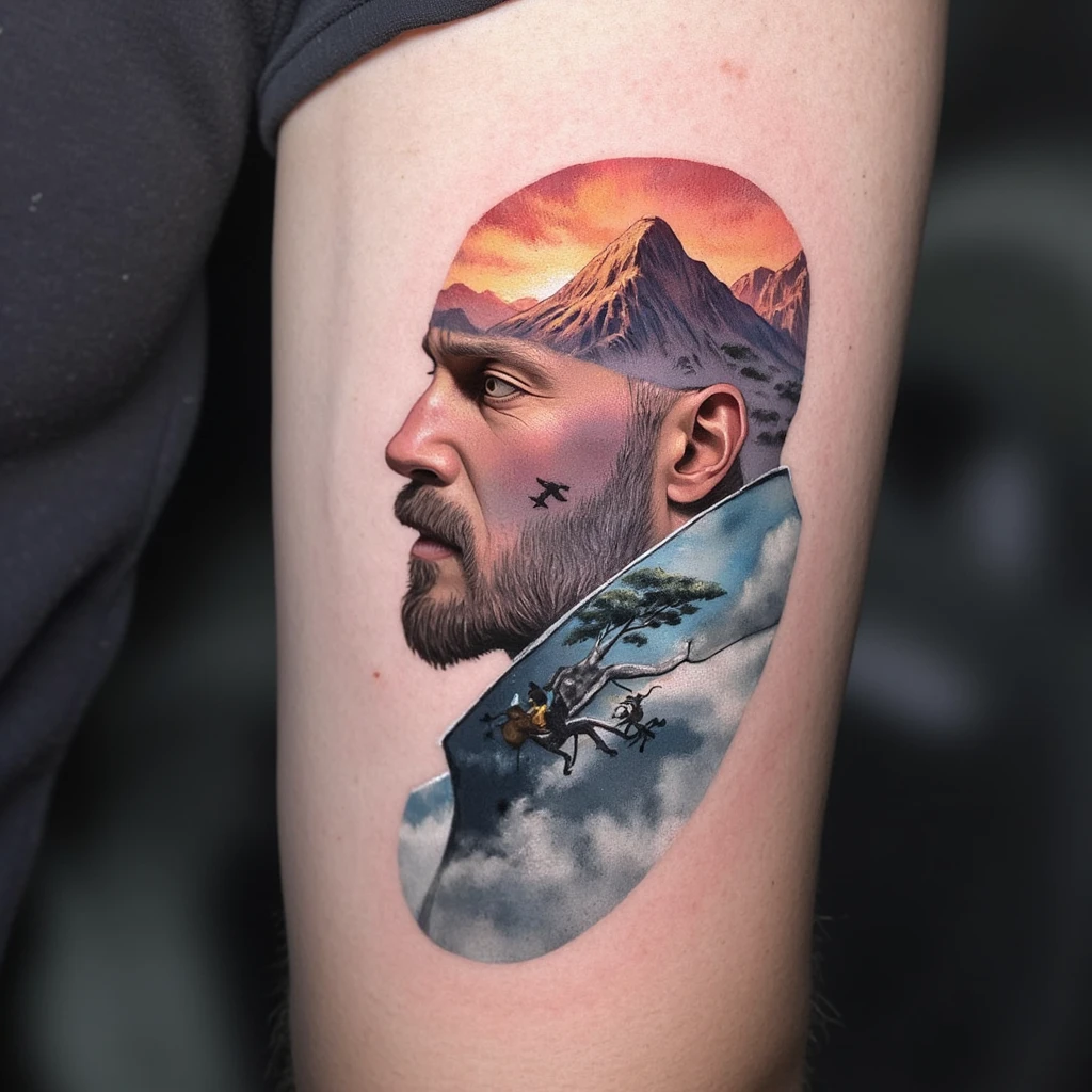 Tatuagem masculina perfil do homem açougueiro gosta de animes e jogos-tattoo