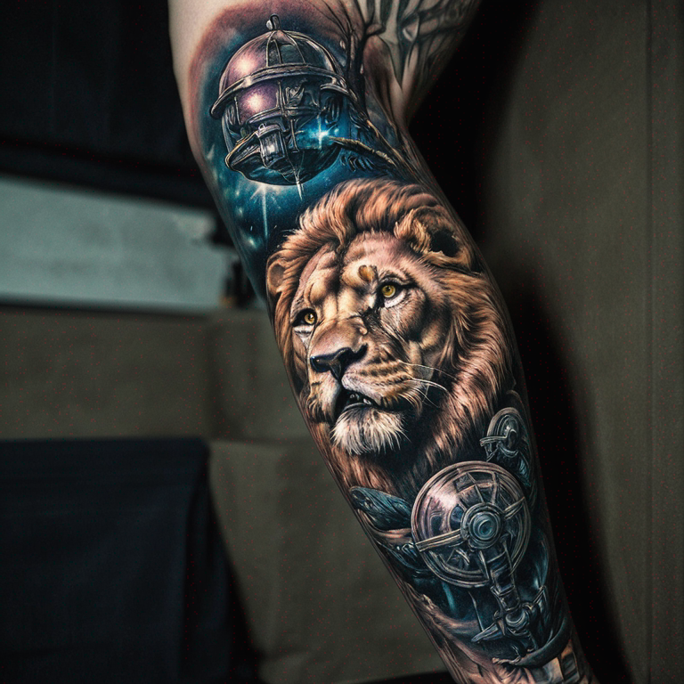 lion forearm with sci fi elements-tattoo