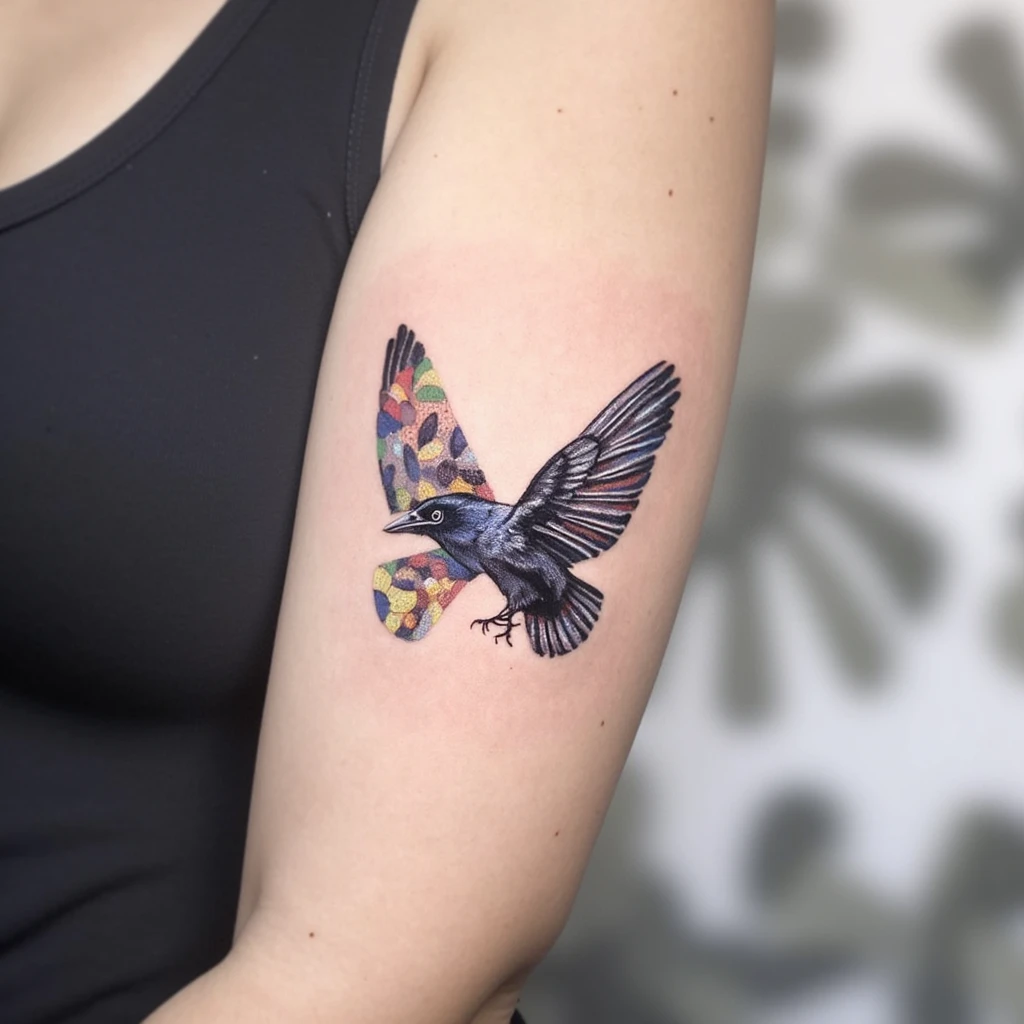 le mot "ravens" doit être écrit en tant que point central du tatouage avec une aile de chaque cote du mot-tattoo