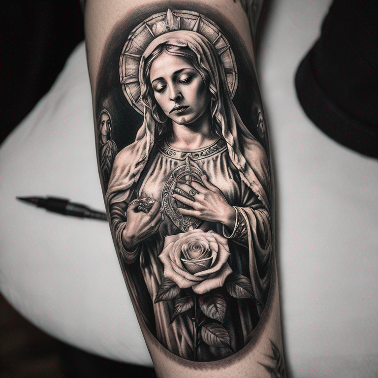 virgen del socavon en blanco y negro con rosas  y dinero alrededor-tattoo