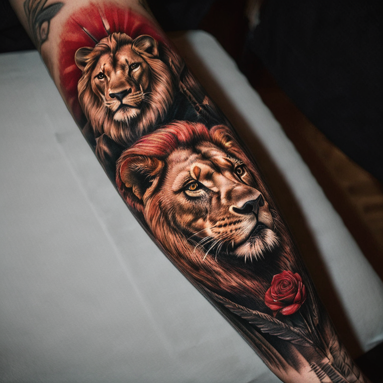 tatuaje de león realista rugiendo en negro con rayos de color rojo-tattoo