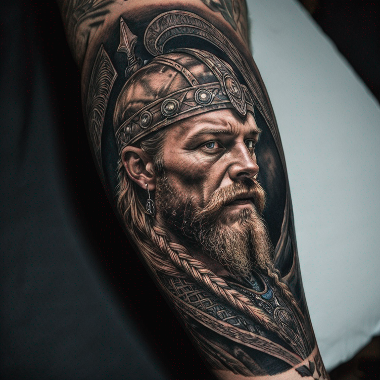 Un tatouage dans le style viking re prennant la rhune Kennaz qui va de lavant bras à  l'épaule-tattoo