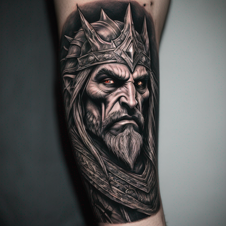 Una manga para un brazo aso con el ojo de sauron  el el rey mago en un nasgul .orcos en una guerra todo en un estilo de blakan Grey-tattoo