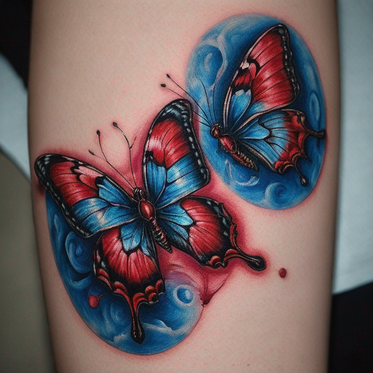 deux roses rouges entourées de ronce, d'un papillon bleu et d'une libellule bleue-tattoo