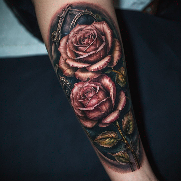 tatouage avant bras montre a gousset avec une rose en billet et une quinte flush royale de coeur-tattoo