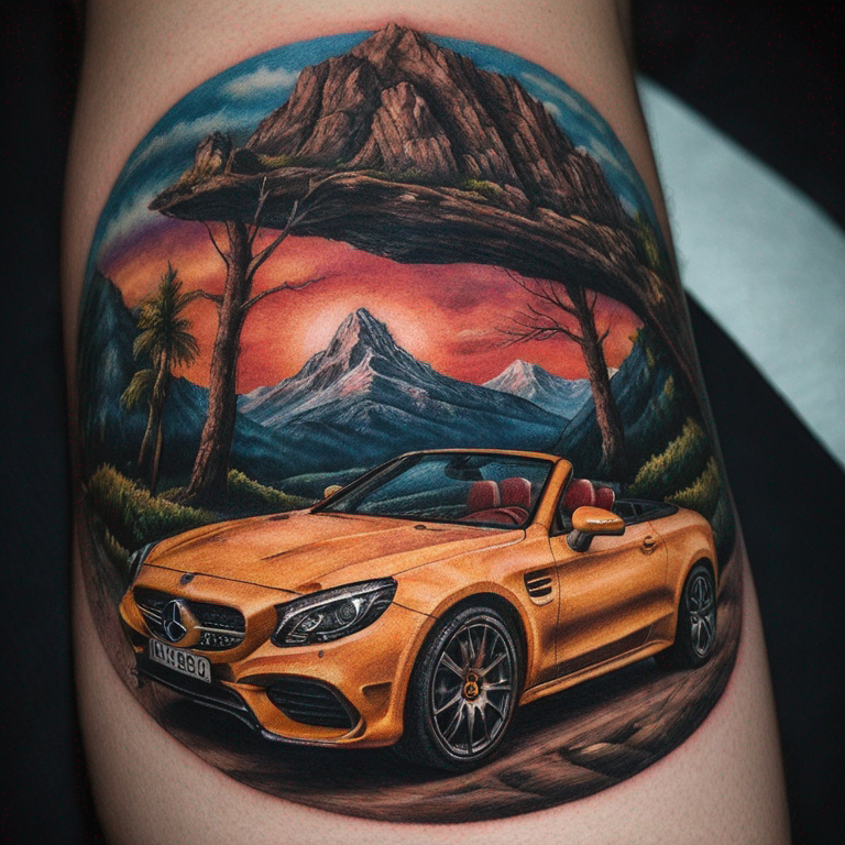 macho cabrio a dos piernas con montañas de fondo y el signo de cabricornio-tattoo