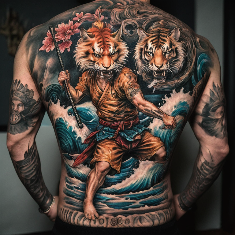 pez koi, tigre samurai, hojas de arce, olas, viento-tattoo