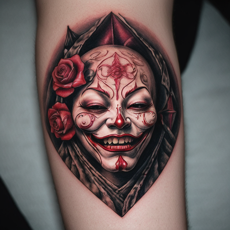 le sourrire du masque oni japonnais avec deux rose qui se croise sans les tiges qui servent comme yeux pour l'epaule-tattoo