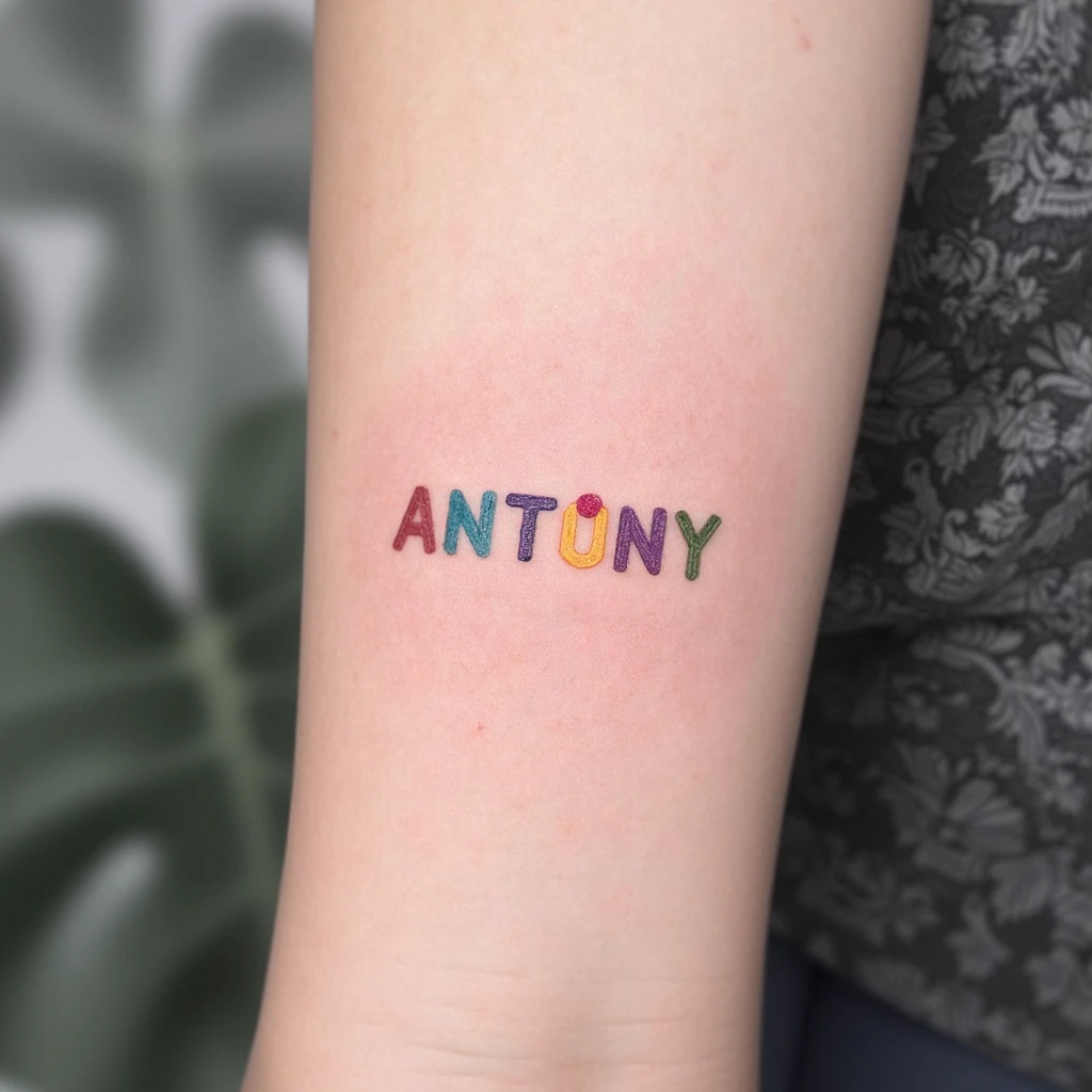 crie uma tatuagem colorida com o significado  de Antony valioso ", " de valor inestimável ", " digno de apreço ". Um nome elegante e repleto de significados sublimes-tattoo