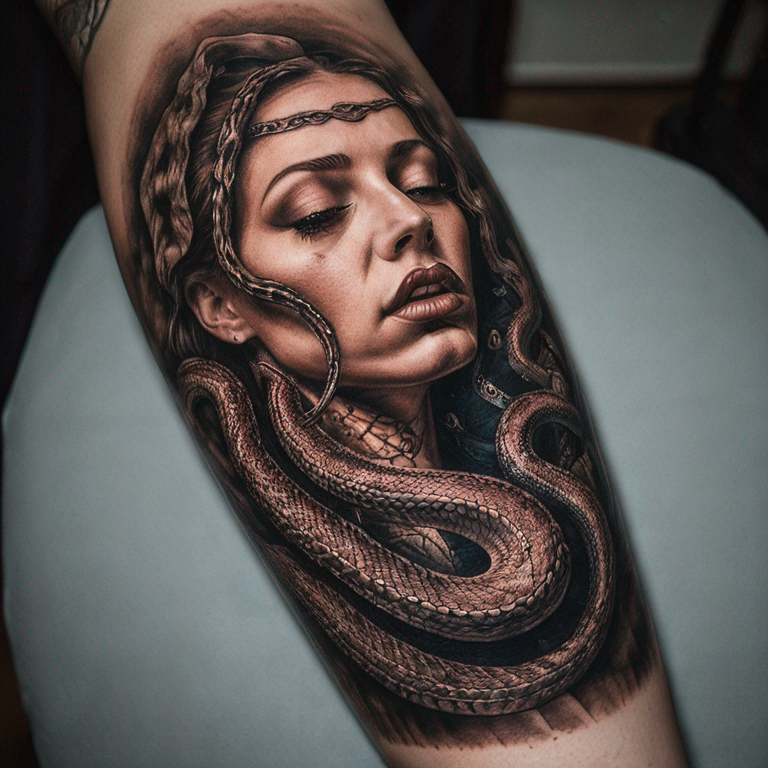 rostro de mujer enfadada con serpientes al rededor-tattoo