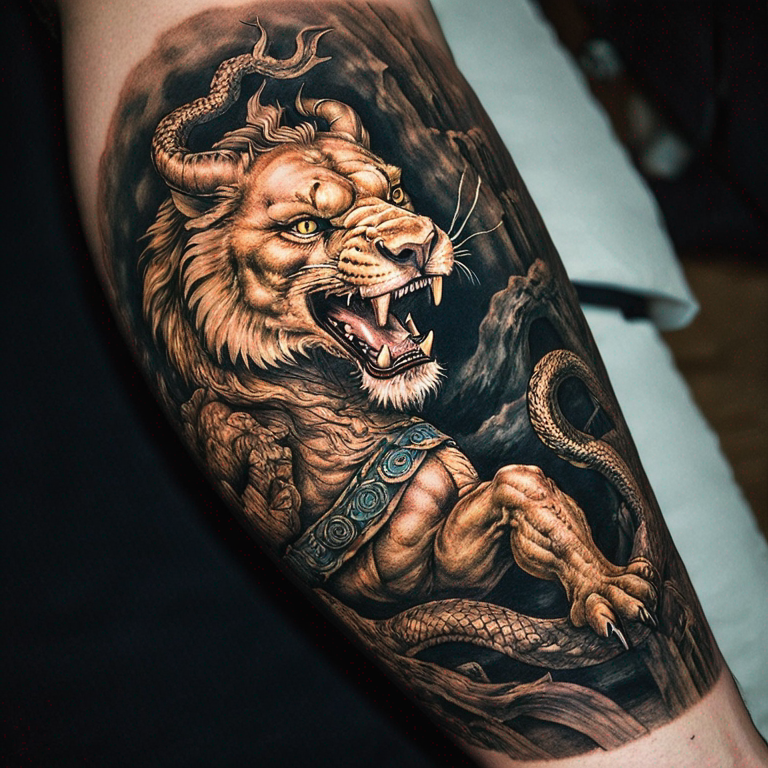 un Leone e un drago cinese-tattoo