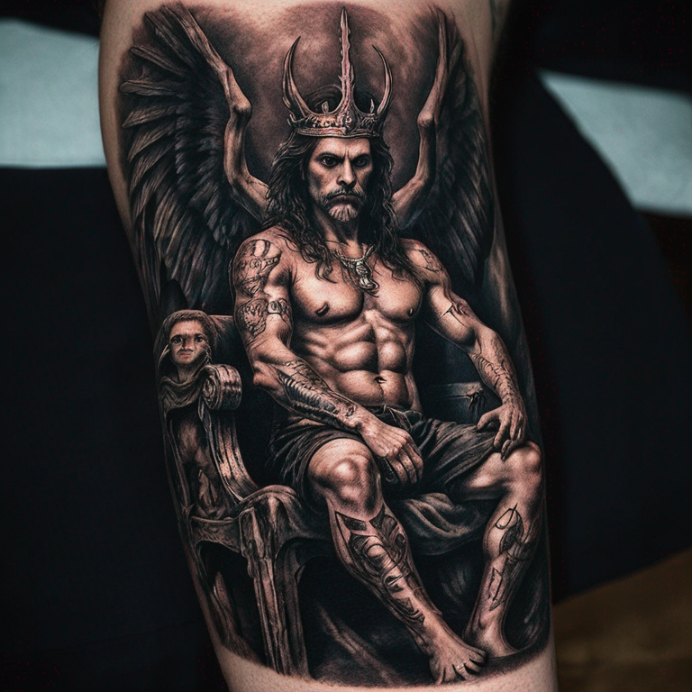 demonio con alas sentado en un trono-tattoo