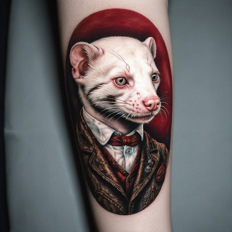 Un furet albinos aux yeux rouges, descendant sur l'épaule, realiste-tattoo