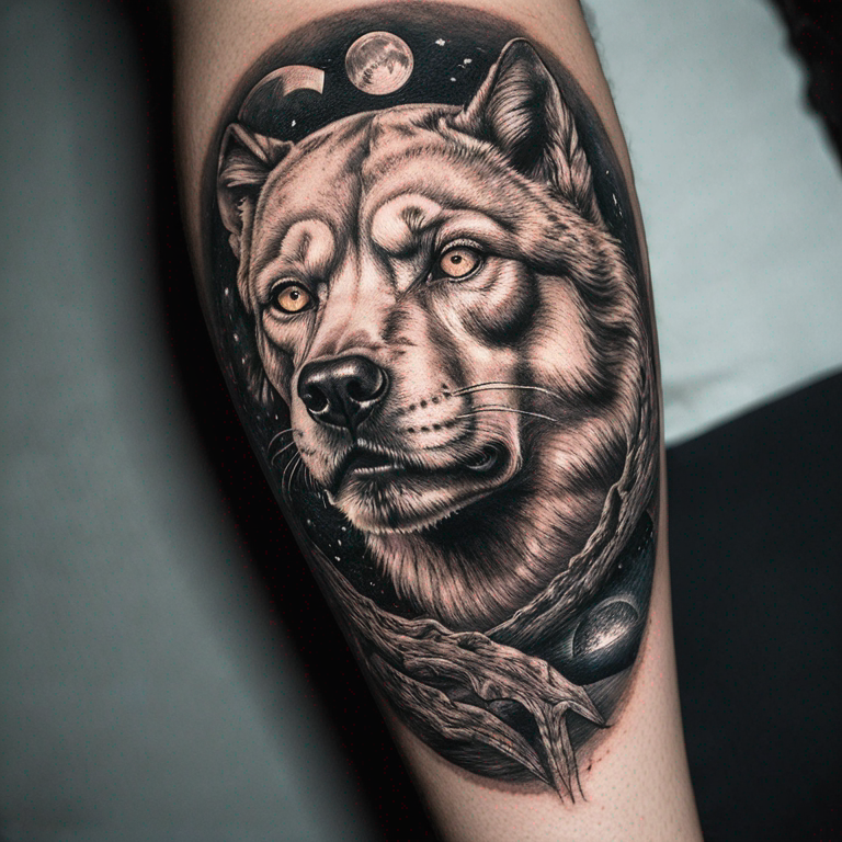 rostro de lobo solitario con la luna llena-tattoo