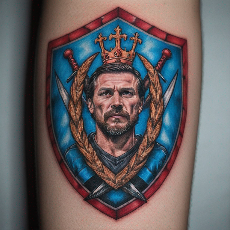 Guerrero Celtacon una espada en una mano, en la otra mano un escudo de guerra grande y en su interior dibujado el escudo del Real Club Celta de Vigo.-tattoo