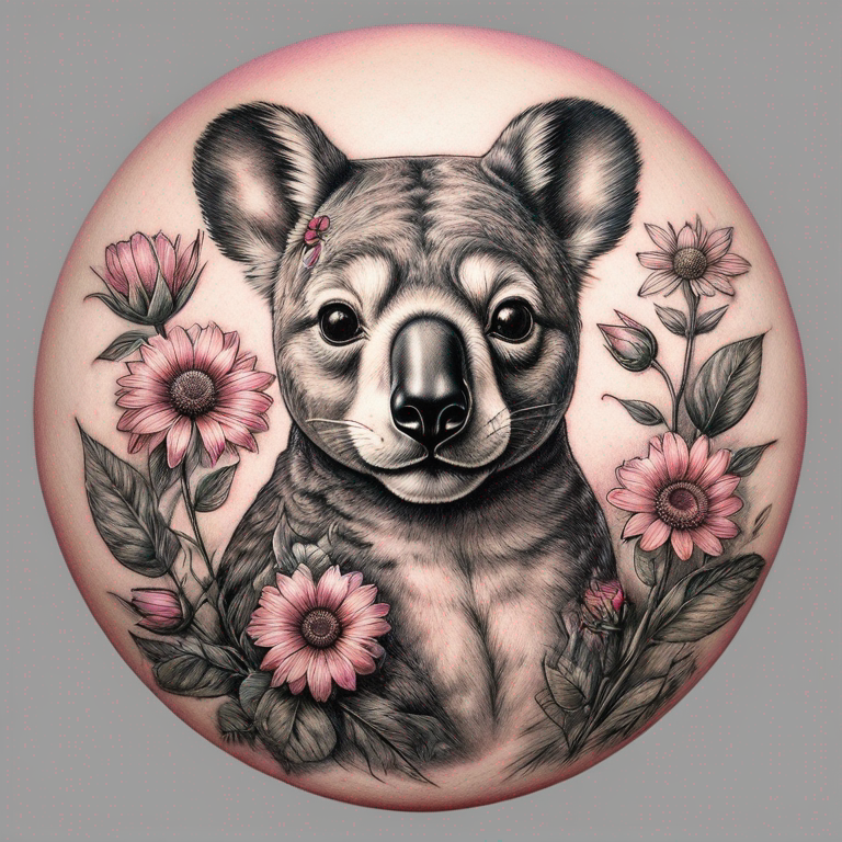 koala, husky, colibri dans un cœur de fleurs   des roses, des marguerites, des soucis. Autour du cœur une abeille, deux papillons, trois libellules. Initiale M, L et T.-tattoo