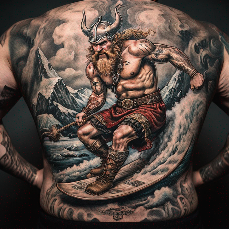 Un Viking utilisant un drakkar en guise de snowboard-tattoo