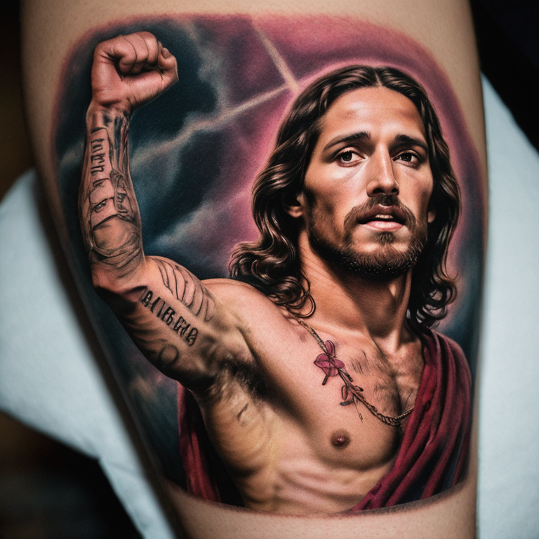 foto de jesus no ombro, anjos no biceps, uma frase no antebraço e uma rosa na mão-tattoo