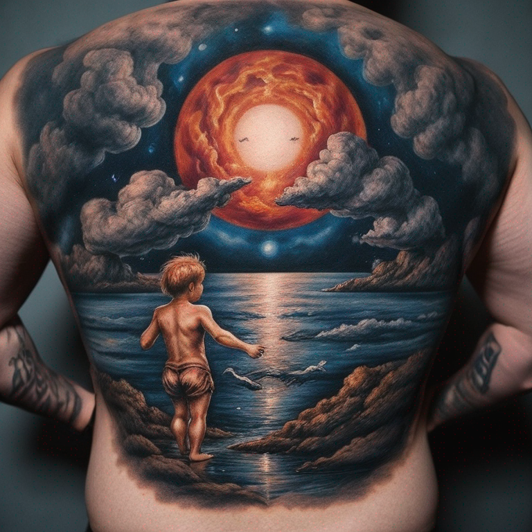 Haut  Ange sur un nuage. Milieu  Pluie, petits anges descendant vers la terre. Bas  La terre à moitié dans les flammes.-tattoo