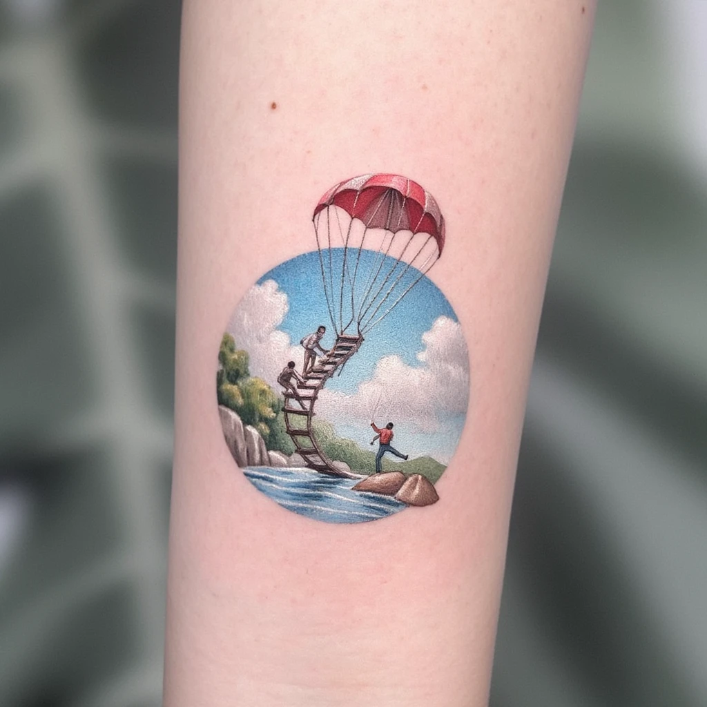 il fera 10cm sur 10cm. IL représente un parachute et un escalier. Le prachute est en haut de l'escalier.-tattoo