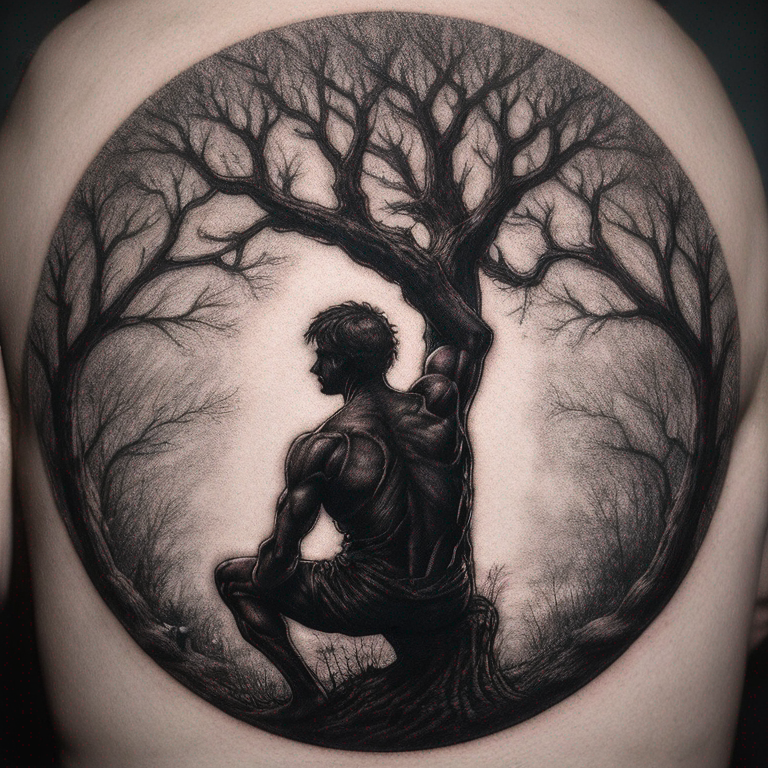 Silhouette d'homme qui à les pieds reliés aux racines d'un arbre feuillus-tattoo