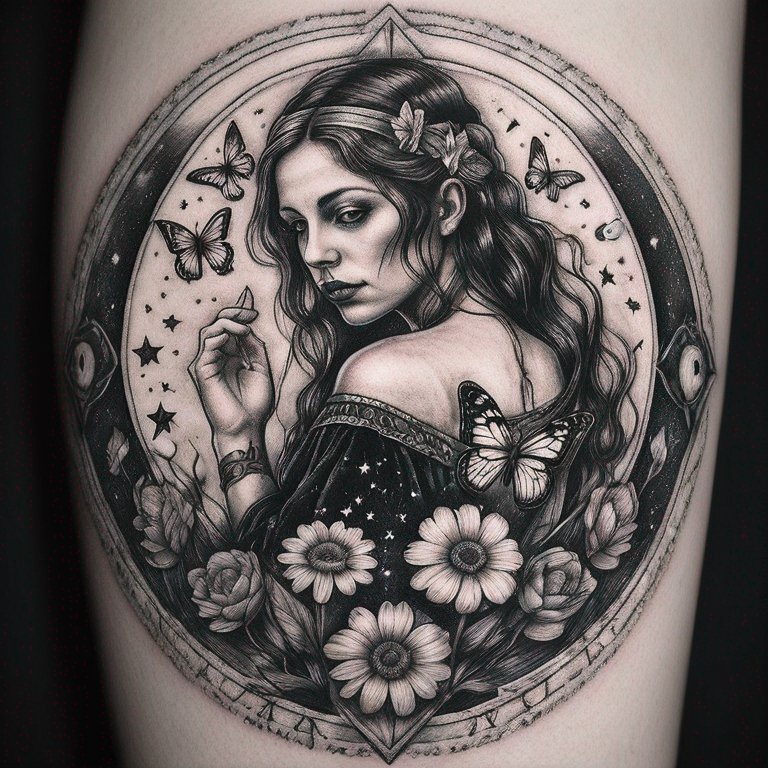 carta de tarot cuadrada con signo de géminis adentro en el medio y alas de mariposas, también unas pequeñas flores de lirios y estrellas en blanco y negro-tattoo