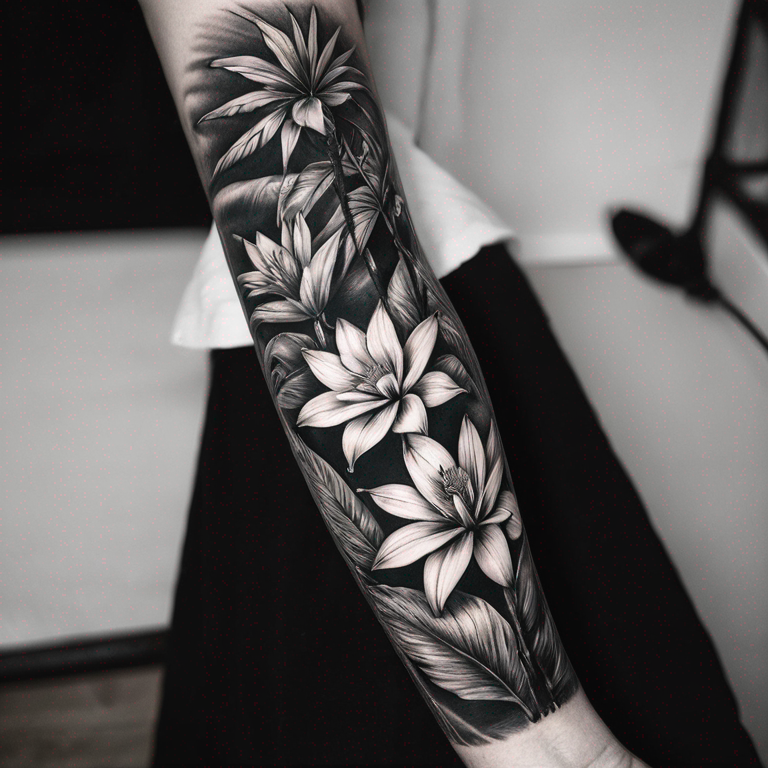 Plantilla  de tatuaje antebrazo completo en blanco y negro, con flores y hojas tropicales-tattoo