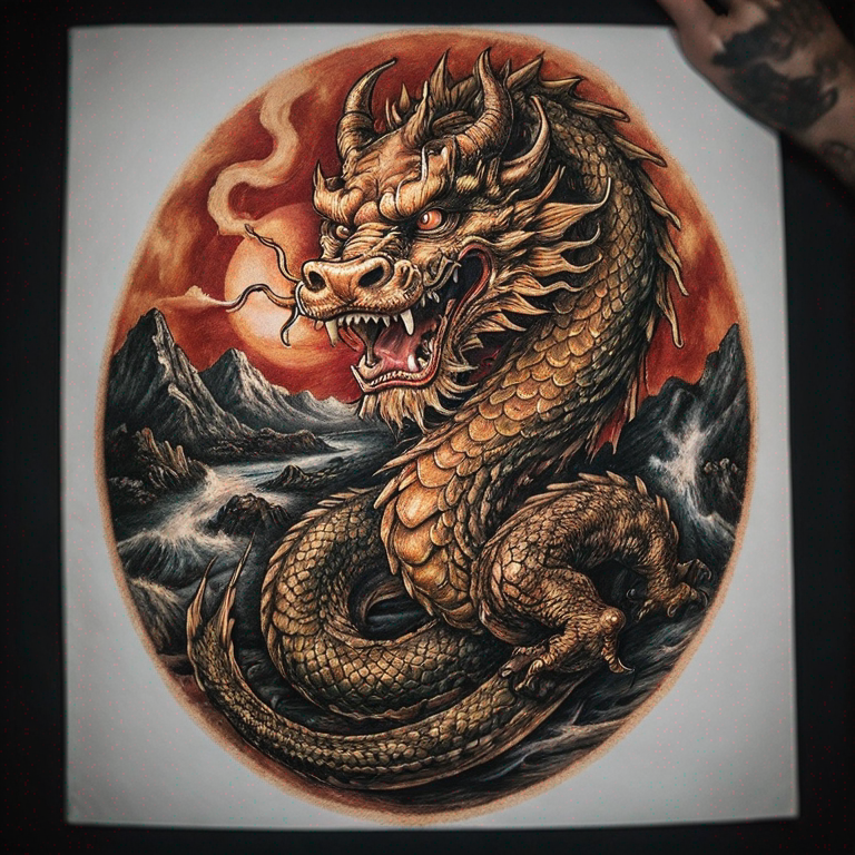 Leone e un drago cinese-tattoo