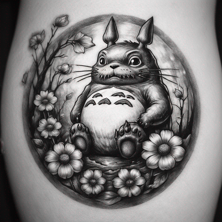 totoro et noiraude avec des fleurs-tattoo