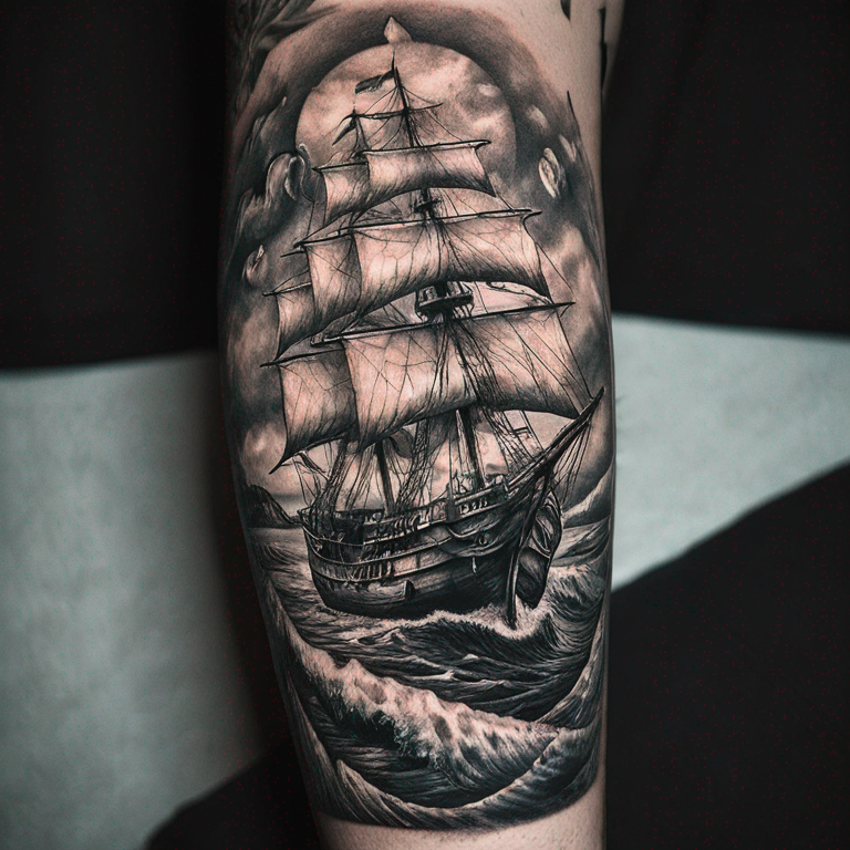 Naufrágio navio no mar-tattoo