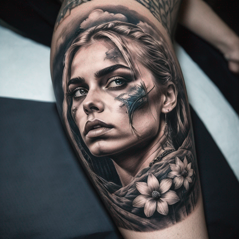 cara de una hermosa valkiria con sombreado con nubes-tattoo