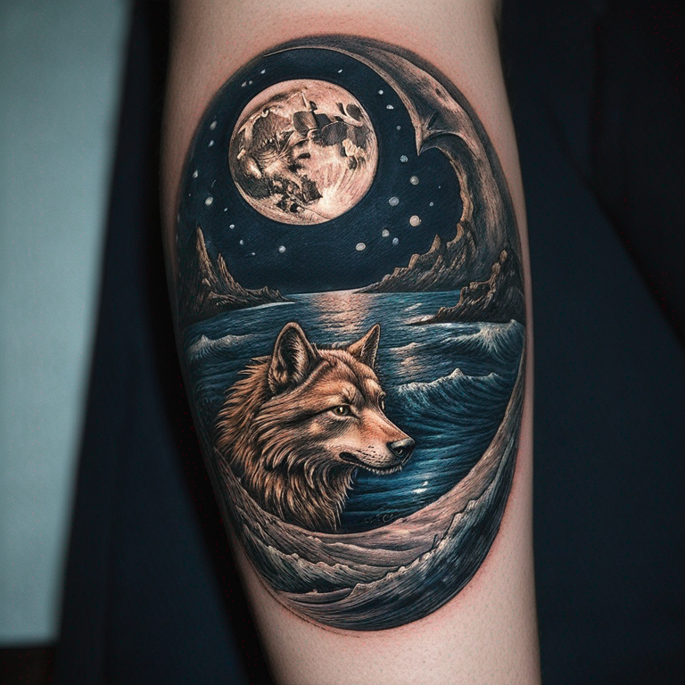 loup garou hurlant sous une pleine lune avec la mer en fond qui est éclairée par la lune-tattoo