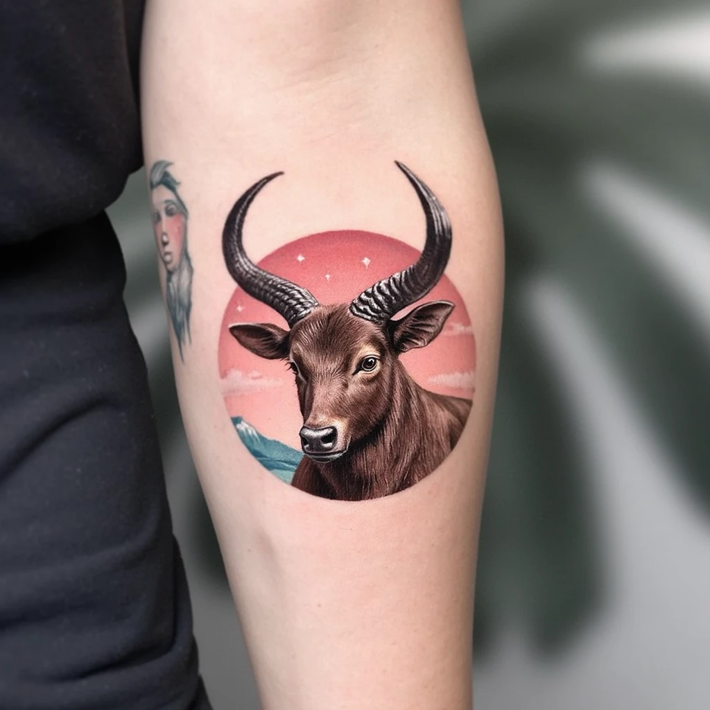 n toro robusto y poderoso, representando a Tauro, con detalles mitológicos como un grabado en sus cuernos o pecho, por ejemplo, el símbolo de Venus (♀) grabado en estilo geométrico.-tattoo