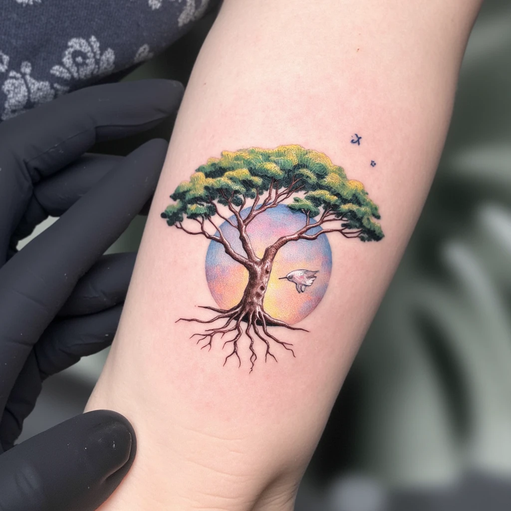 arbre avec ses racines, à l'intérieur une boussole, au dessus de l'arbre  le signe astrologique du verseau et du gémeaux-tattoo