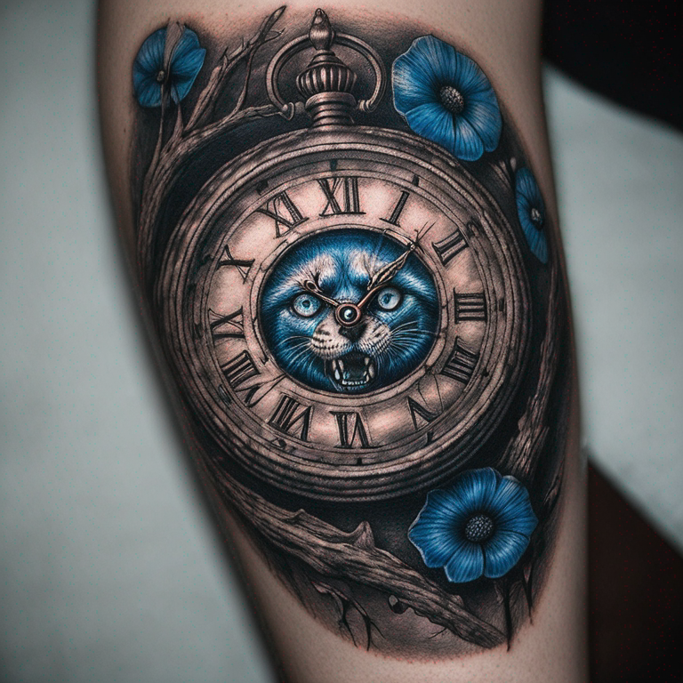 un oeil bleu de loup dans une horloge en chiffre romain avec la phrase "The quiet ones are often the ones with surprises"-tattoo