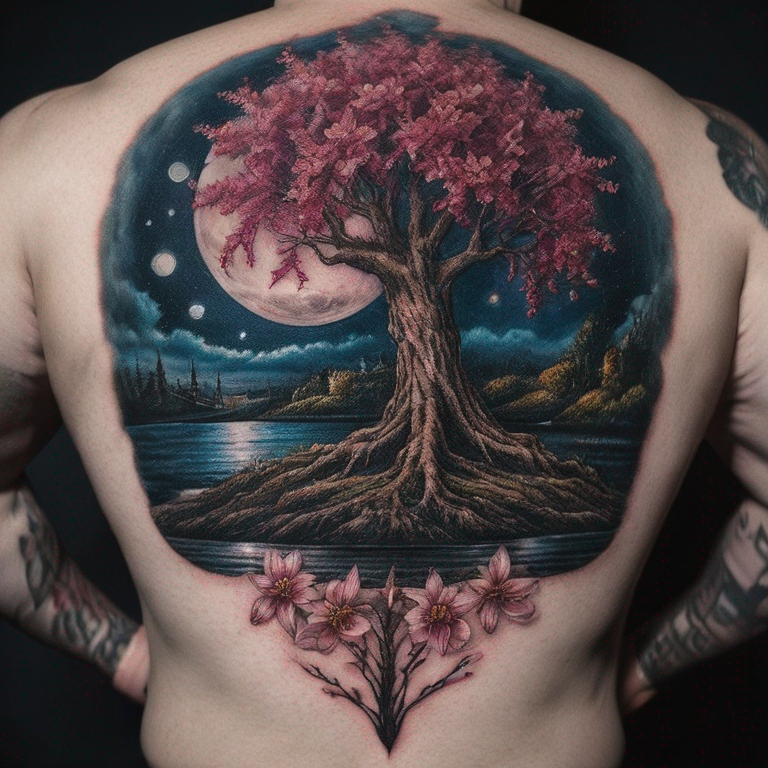 arbre de vie fleur de cerisier lune-tattoo