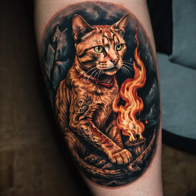 cat with fire-tattoo