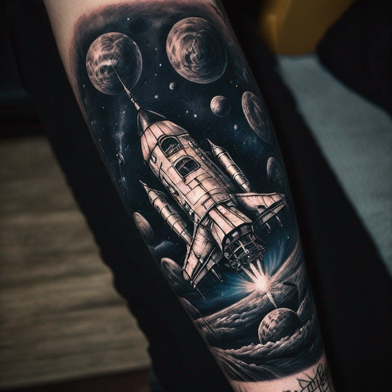 una nave espacial con grafitis sobre unas vias de tren, alrededor hay colibries-tattoo