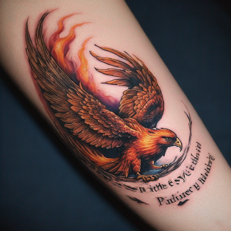 Avant bras gauche. Sablier en forme d'infini avec un message ecrit en binaire enrouler d'un phoenix-tattoo