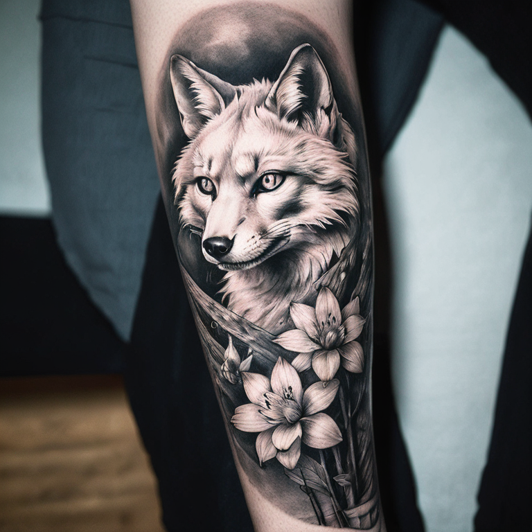 greyscale kitsune forearm-tattoo