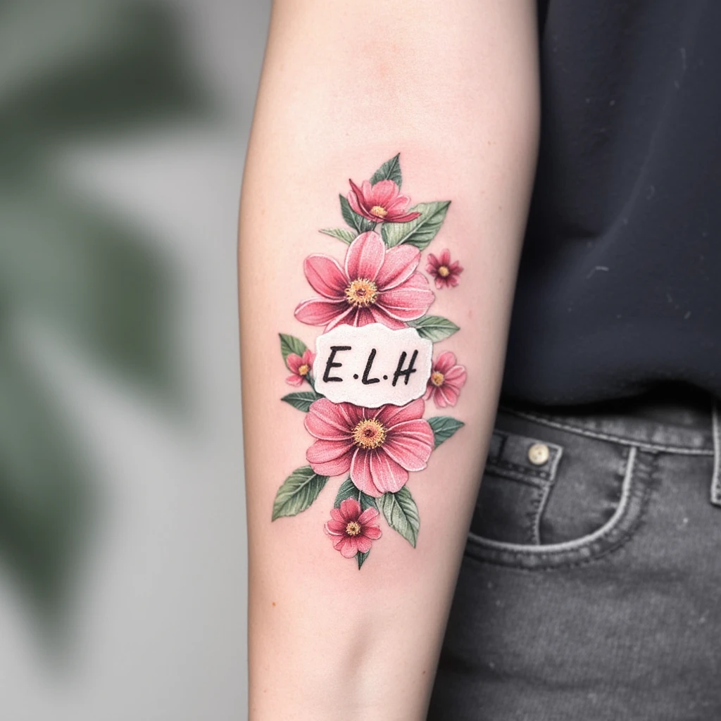 .quiero un diseño de tatu, iniciales E L H, en cursiva y con flores, pero que tapen bastante las iniciales-tattoo