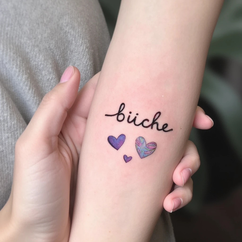 le mot "bibiche" avec des coeur autour-tattoo