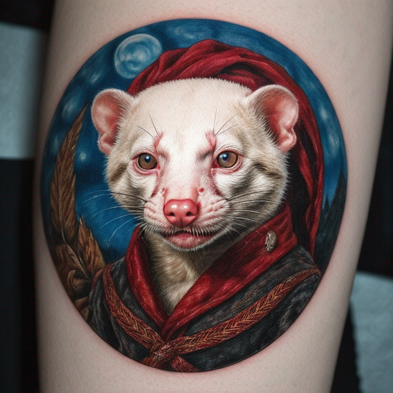 Un furet albinos aux yeux rouges, descendant sur l'épaule-tattoo