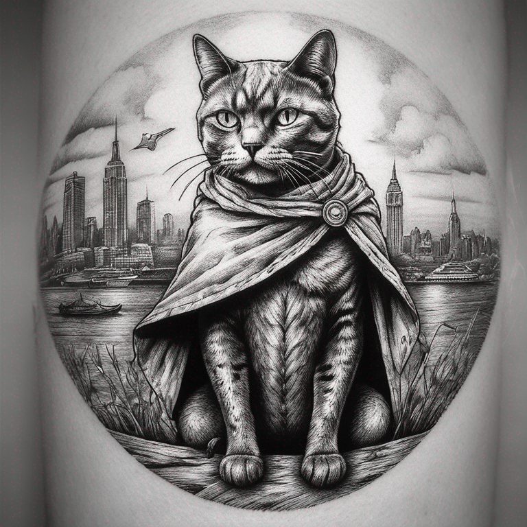 Un chat rigolo super héros avec une cape façon dessin de BD-tattoo