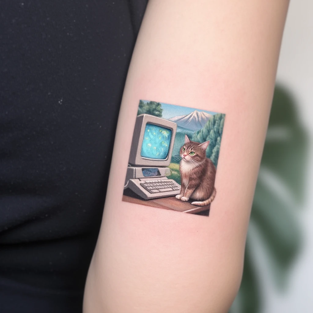 tatoauge minimaliste avec un ancien Macintosh avec un chaton se cachant derrière-tattoo